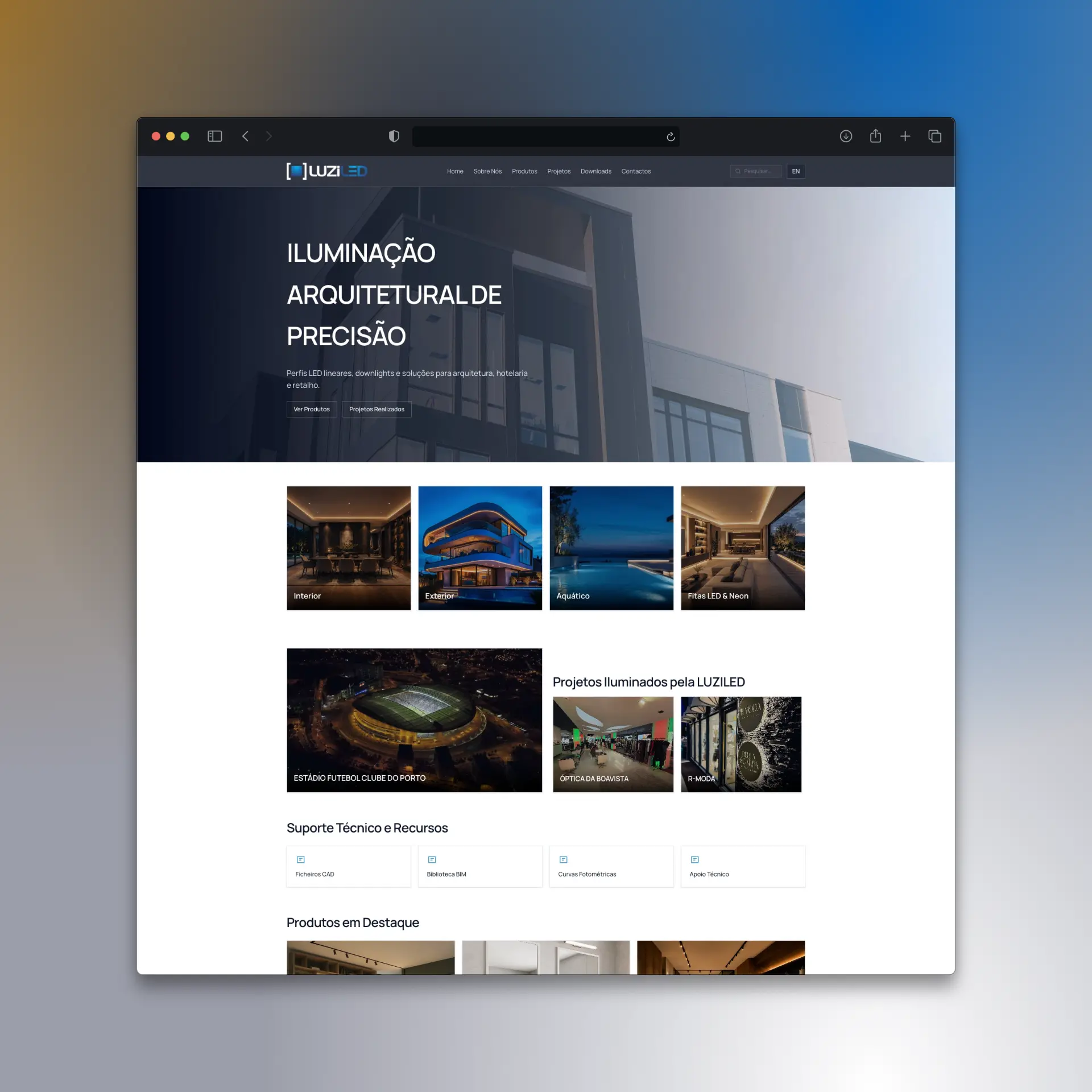 Página inicial do website Luziled — iluminação arquitetural e soluções LED