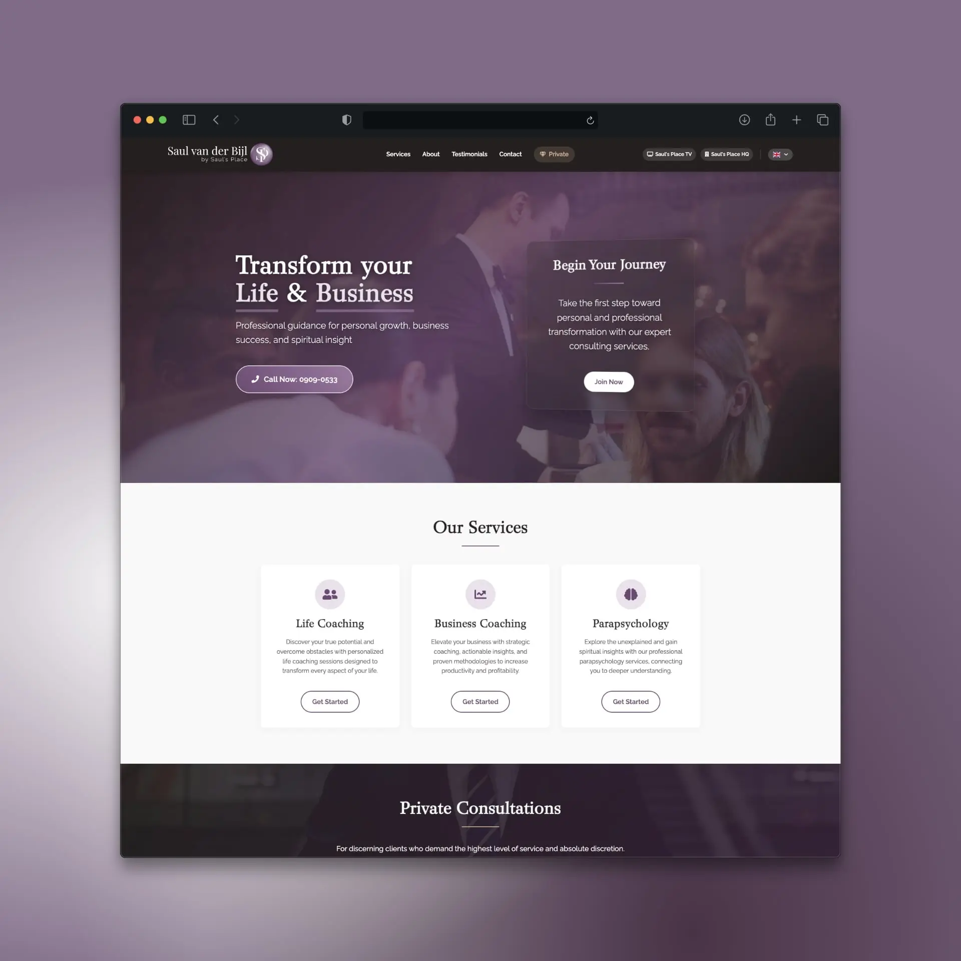 Página inicial do website Saul Consulting — coaching de vida e negócios, parapsicologia
